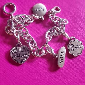 Silver Tone Charm Bracelet with Inspirational Words. 8.5 Inches.